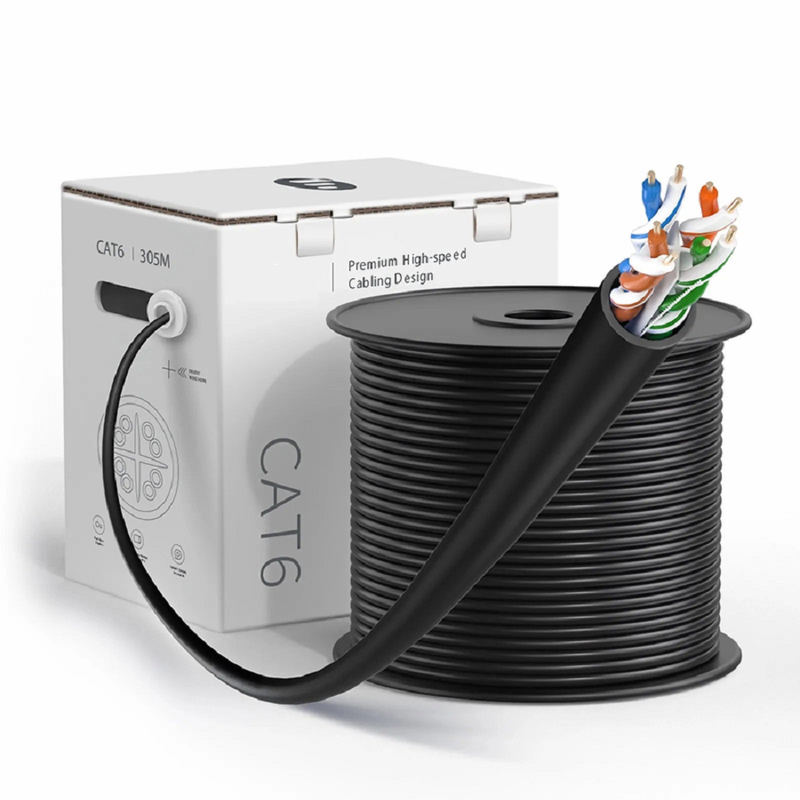 SFPS Cat6 Ethernet Bulk Cable, 1000ft (305m), UL Listed, 23AWG Solid Pure Bare Copper Wire, 550MHz, Unshielded (UTP), PVC CMR, with Reel (Black) SFPS
