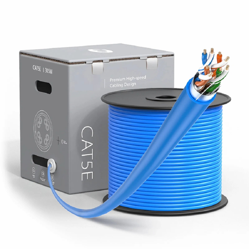 SFPS Cat5e Ethernet Bulk Cable, 1000ft (305m), 24AWG Solid Pure Bare Copper Wire, 350MHz, Unshielded (UTP), PVC CMR, with Reel (Blue) SFPS