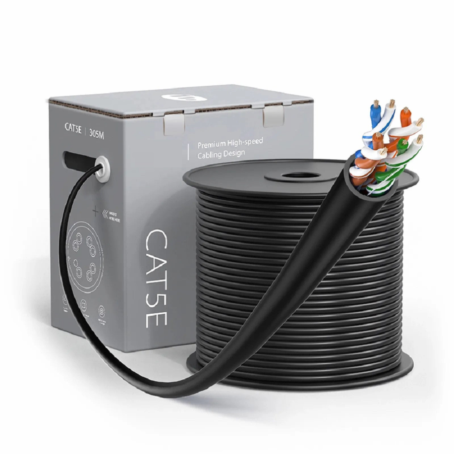 SFPS Cat5e Ethernet Bulk Cable, 1000ft (305m), UL Listed, 24AWG Stranded Pure Bare Copper Wire, 350MHz, Unshielded (UTP), PVC CM, with Reel (Black) SFPS