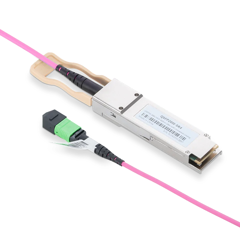 NVIDIA/Mellanox Compatible 200GBASE-SR4 QSFP56 PAM4 850nm 100m DOM IB and Ethernet Liquid/Immersion Cooling Transceiver for MMF with 3m MPO-12/APC OM4 Erika Violet/Magenta Female Type A Pigtail SFPS