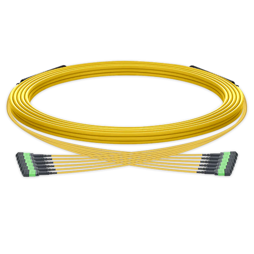 100m (328ft) Pre-terminated MPO trunk cable, 72 Fibers, 6 x MPO-12 APC (Male) to 6 x MPO-12 APC (Male) Single Mode (OS2) Type B, LSZH（OFNR）, 0.35dB Max, Yellow, breakout 80cm SFPS