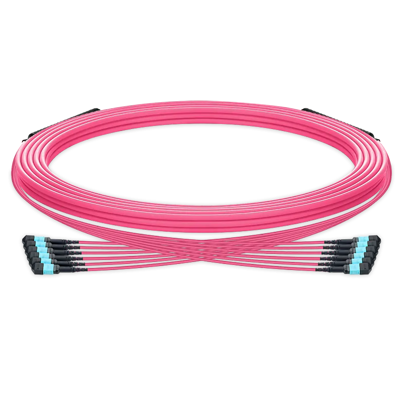 25m (82ft) Pre-terminated MPO trunk cable, 72 Fibers, 6 x MPO-12 UPC (Male) to 6 x MPO-12 UPC (Male) Multimode (OM4) Type B, LSZH（OFNR）, 0.35dB Max, Magenta, breakout 80cm SFPS