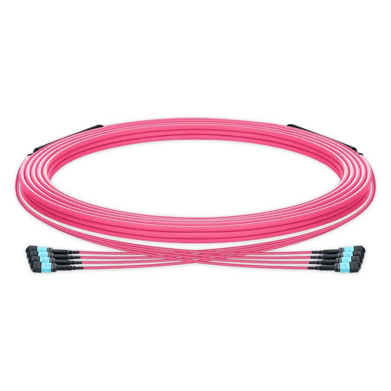 10m (33ft) Pre-terminated MPO trunk cable, 48 Fibers, 4 x MPO-12 UPC (Male) to 4 x MPO-12 UPC (Male) Multimode (OM4) Type B, LSZH（OFNR）, 0.35dB Max, Magenta, breakout 80cm SFPS