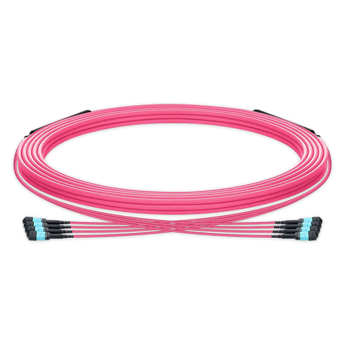 30m (98ft) Pre-terminated MPO trunk cable, 48 Fibers, 4 x MPO-12 UPC (Male) to 4 x MPO-12 UPC (Male) Multimode (OM4) Type B, LSZH（OFNR）, 0.35dB Max, Magenta, breakout 80cm SFPS