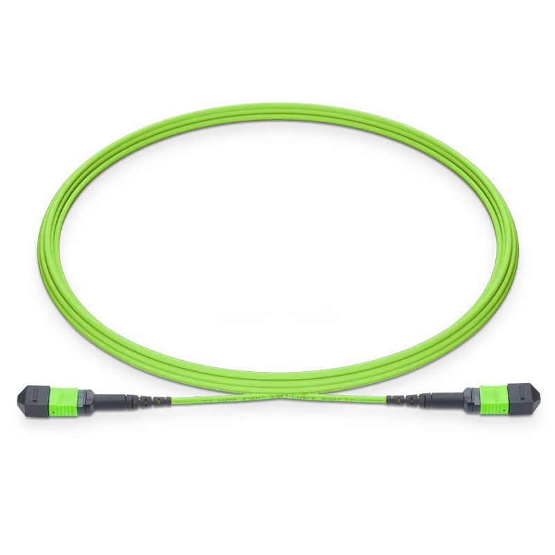 1.5m (5ft) MTP®-12 UPC (Female) to MTP®-12 UPC (Female) 12 Fibers Multimode (OM5) Jumper, Type B, LSZH, 3.0mm, Max IL ≤ 0.35dB, Lime Green SFPS