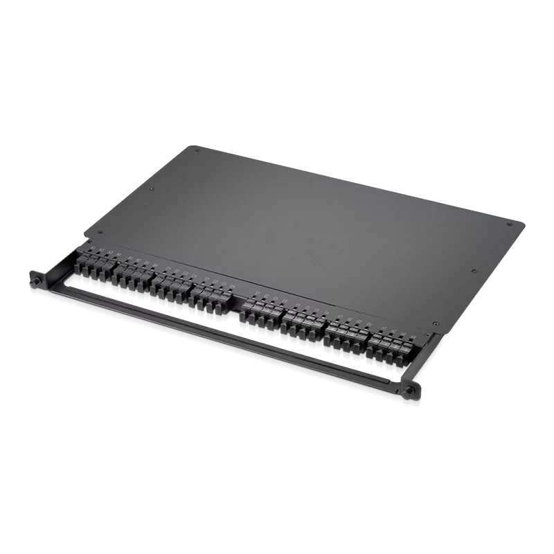 0.5U Rack Mount Enclosure Loaded with 32x8F MPO Adapters, Male to Male, 128 Fibers, OS2 Single Mode, Type 4, 0.35dB Max SFPS