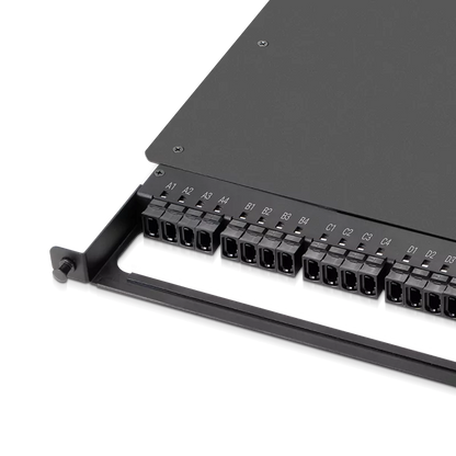 0.5U Rack Mount Enclosure Loaded with 32x8F MPO Adapters, Male to Male, 128 Fibers, OS2 Single Mode, Type 4, 0.35dB Max SFPS