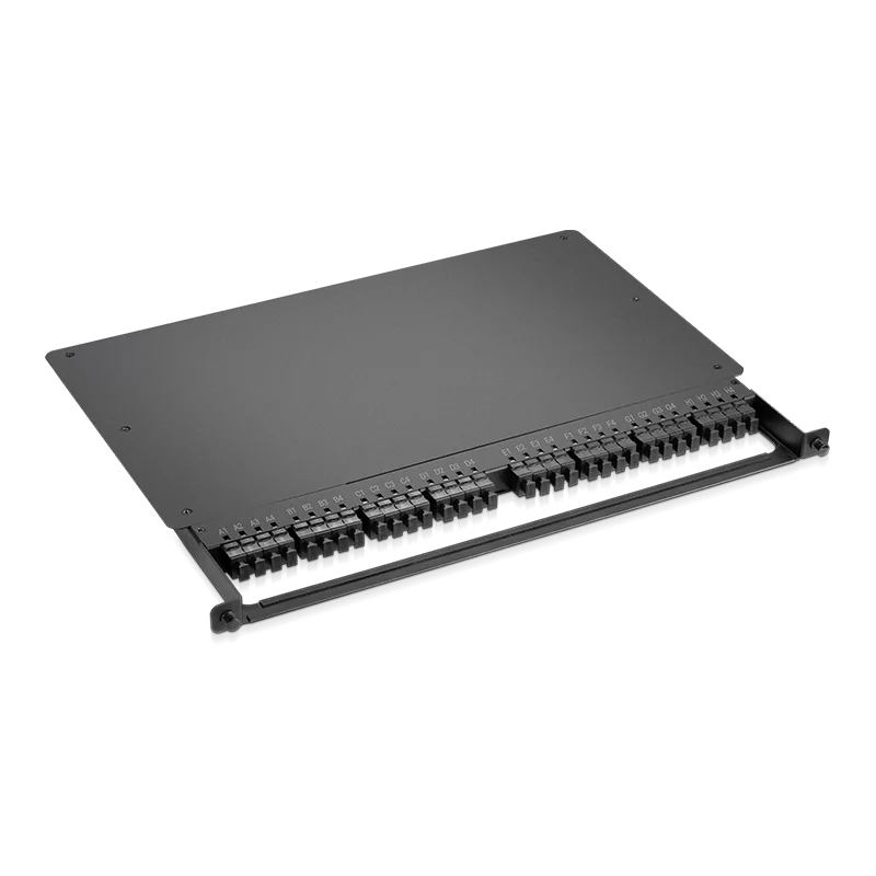 0.5U Rack Mount Enclosure Loaded with 32x8F MPO Adapters, Male to Male, 128 Fibers, OS2 Single Mode, Type 4, 0.35dB Max SFPS