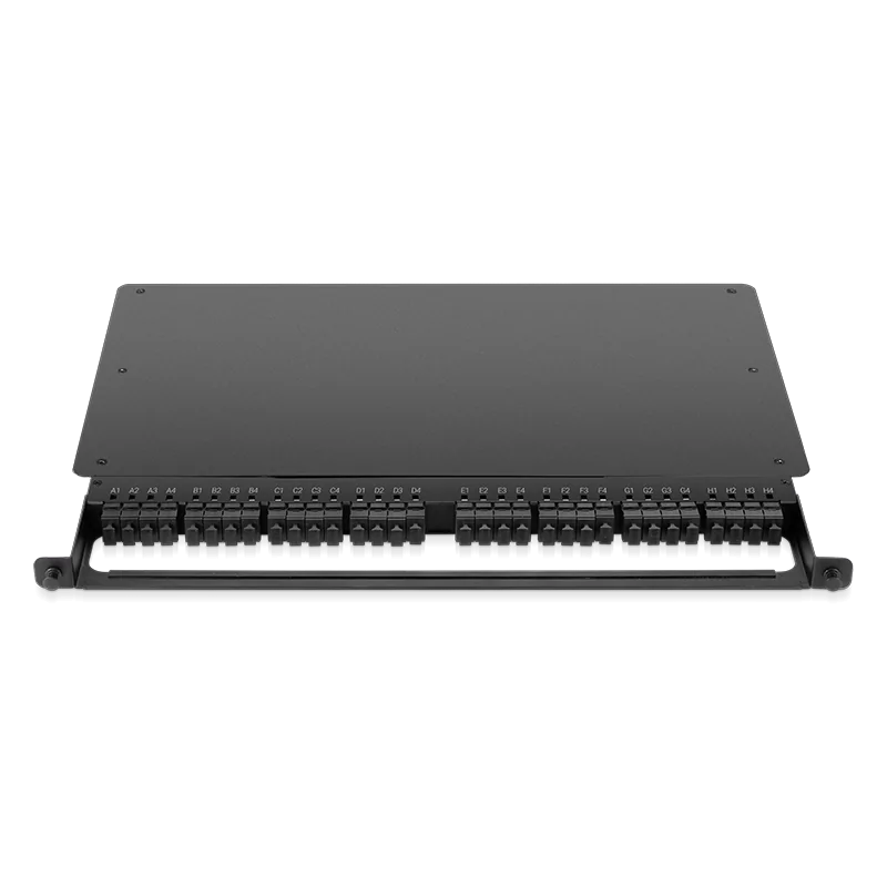 0.5U Rack Mount Enclosure Loaded with 32x8F MPO Adapters, Male to Male, 128 Fibers, OS2 Single Mode, Type 4, 0.35dB Max SFPS