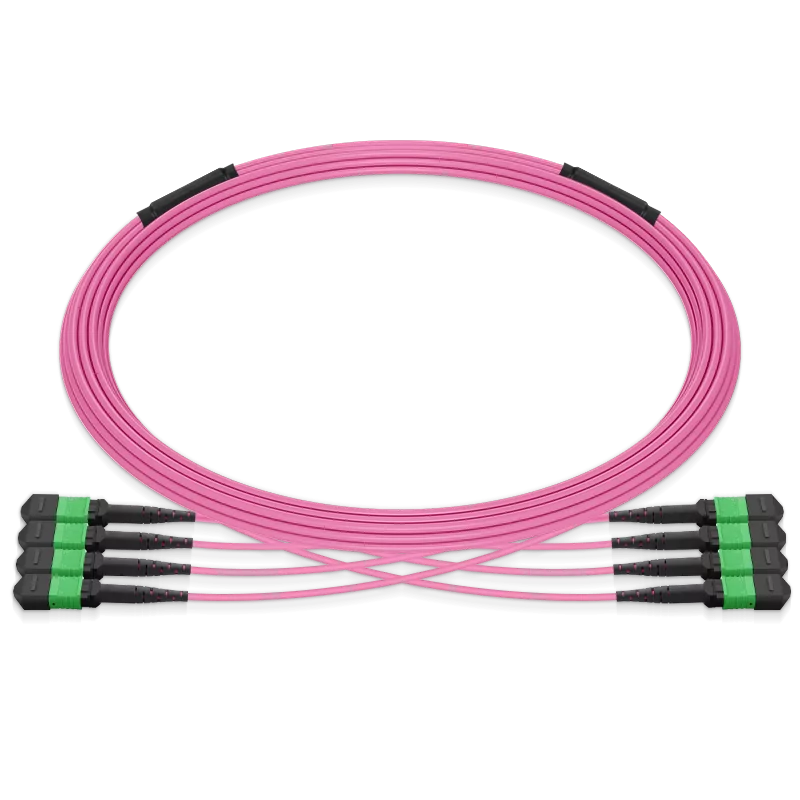 10m (33ft) Pre-terminated MPO 4x4 Shuffle Trunk Cable, 32 Fibers, 4xMPO-8 APC (Male) to 4xMPO-8 APC (Male), Multimode (OM4), Type 4, OFNP, 0.35dB Max, Breakout 80cm, Magenta SFPS