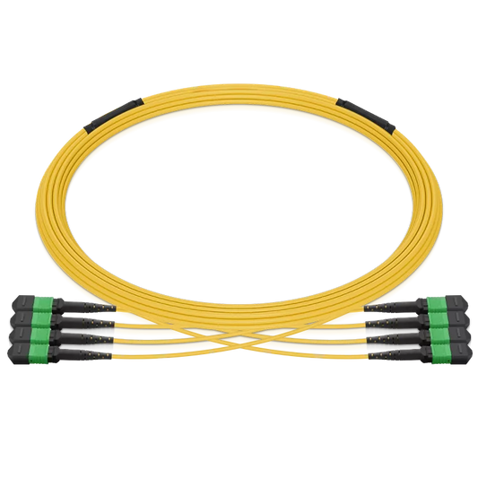 70m (230ft) Pre-terminated MPO 4x4 Shuffle Trunk Cable, 32 Fibers, 4xMPO-8 APC (Male) to 4xMPO-8 APC (Male), Single Mode (OS2), Type 4, LSZH, 0.35dB Max, Breakout 80cm, Yellow SFPS
