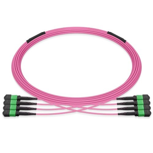 100m (328ft) Pre-terminated MPO 4x4 Shuffle Trunk Cable, 32 Fibers, 4xMPO-8 APC (Male) to 4xMPO-8 APC (Male), Multimode (OM4), Type 4, LSZH, 0.35dB Max, Breakout 80cm, Magenta SFPS