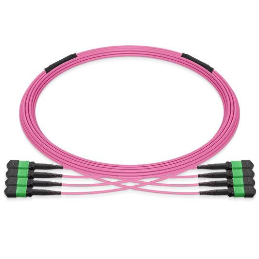 40m (131ft) Pre-terminated MPO 4x4 Shuffle Trunk Cable, 32 Fibers, 4xMPO-8 APC (Male) to 4xMPO-8 APC (Male), Multimode (OM4), Type 4, LSZH, 0.35dB Max, Breakout 80cm, Magenta SFPS