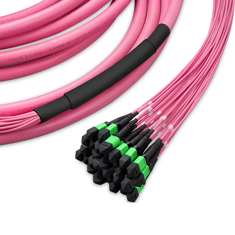 10m (33ft) Pre-terminated MPO 4x4 Shuffle Trunk Cable, 256 Fibers, 32xMPO-8 APC (Male) to 32xMPO-8 APC (Male), Multimode (OM4), Type 4, OFNP, 0.35dB Max, Breakout 80cm, Magenta SFPS