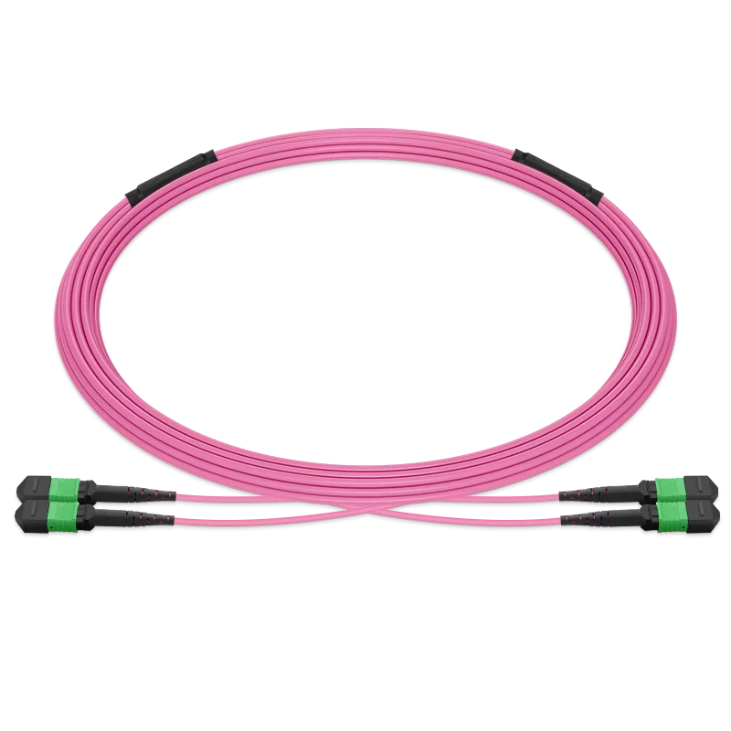 100m (328ft) Pre-terminated MPO 2x2 Shuffle Trunk Cable, 16 Fibers, 2xMPO-8 APC (Male) to 2xMPO-8 APC (Male), Multimode (OM4), Type 2, LSZH, 0.35dB Max, Breakout 80cm, Magenta SFPS