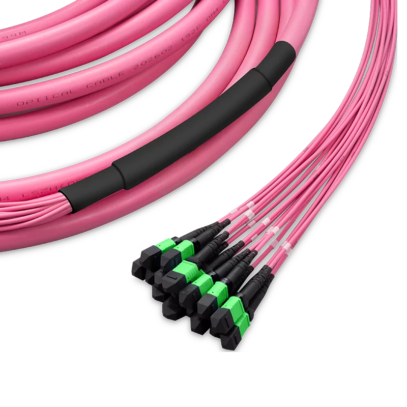 10m (33ft) Pre-terminated MPO 2x2 Shuffle Trunk Cable, 128 Fibers, 16xMPO-8 APC (Male) to 16xMPO-8 APC (Male), Multimode (OM4), Type 2, OFNP, 0.35dB Max, Breakout 80cm, Magenta SFPS