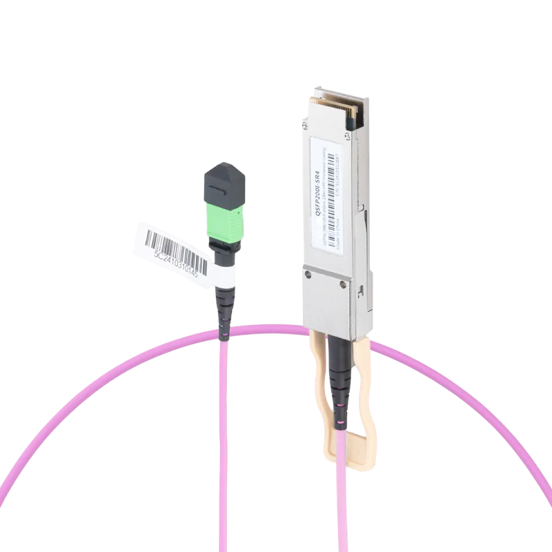 NVIDIA/Mellanox Compatible 200GBASE-SR4 QSFP56 PAM4 850nm 100m DOM IB and Ethernet Liquid/Immersion Cooling Transceiver for MMF with 10m MPO-12/APC OM4 Erika Violet/Magenta Female Type A Pigtail SFPS