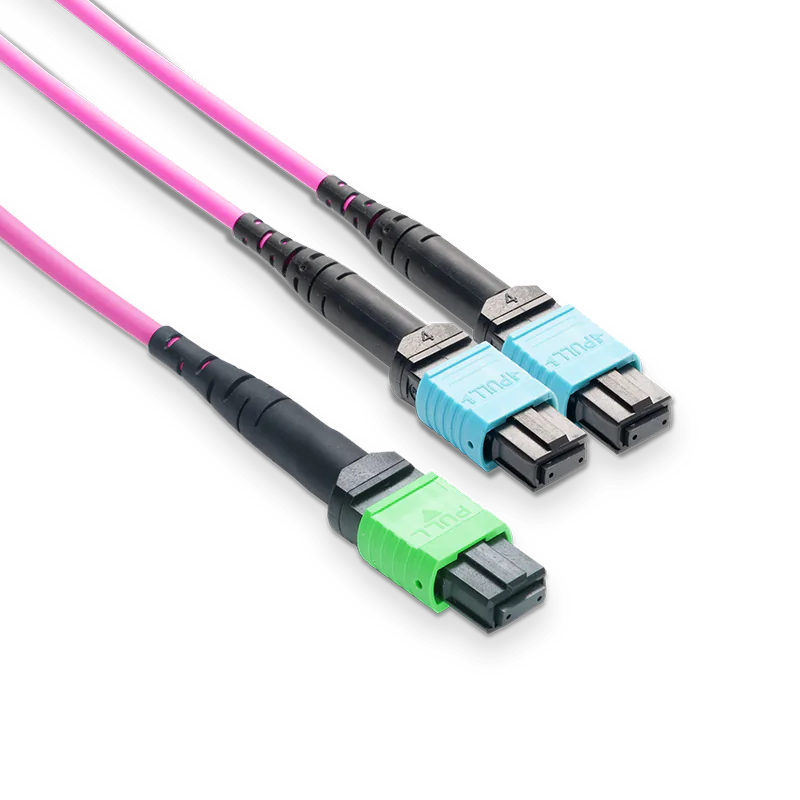 15m (49ft) MPO-16 APC (Female) to 2xMPO-8 UPC (Female) Multimode (OM4) Breakout, Type B, LSZH, 3.0mm, Max IL ≤ 0.35dB, Magenta SFPS